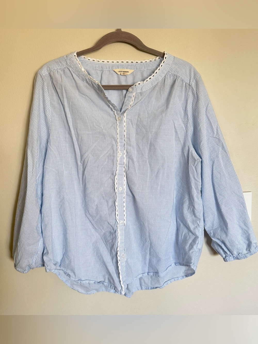 Lucky Brand Button Peasant Top Blue White Stripe Beachy Boho Lace Trim Shirt L